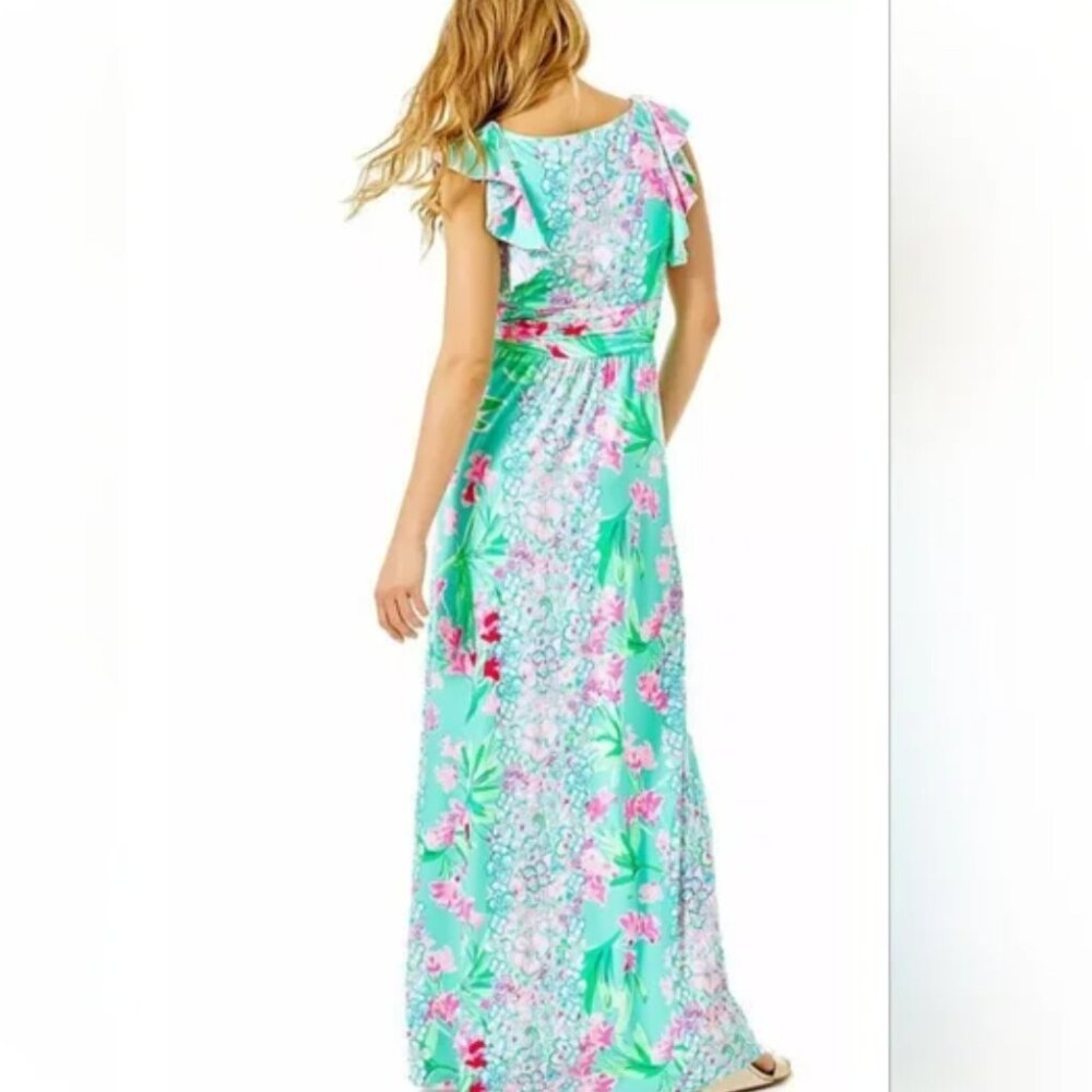 Lilly Pulitzer Cristal Maxi Dress Small S Aqua Floral Flutter Sleeve Square Neck - Picture 2 of 12